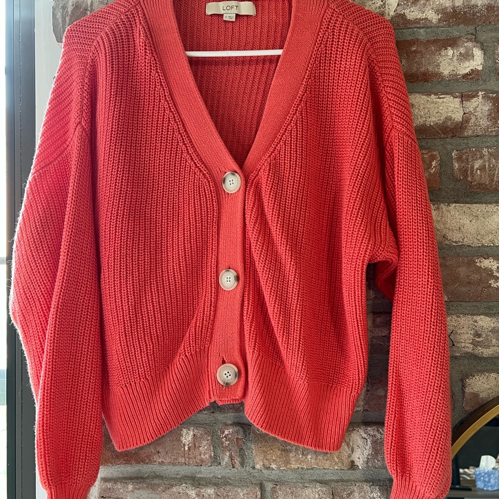 LOFT Pink Cardigan Sweater with Ribbed Knit and Oversized Fit